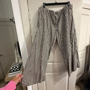 Women's Brown and White Checkered Wide-Leg Pants